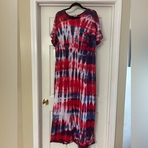 LuLaRoe Red and Navy Tie-Dye Maria Maxi Dress